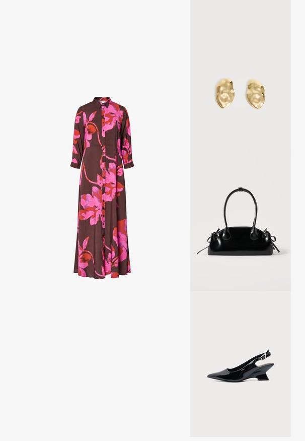 Langærmet brun kjole med stor, blomsterprint i lys pink og rød, knapper foran og krave.; Sort laklæder slingback sko med spids tå og lav vinklet blokhæl på ensartet lys baggrund.; Lille sort blank håndtaske med to lange håndtag og snøre-detaljer i siden på en ensfarvet lys baggrund.; Par skinnende, ujævnt formede øreringe af guldmetal med en krøllet, glat overflade på en ensartet lys baggrund.