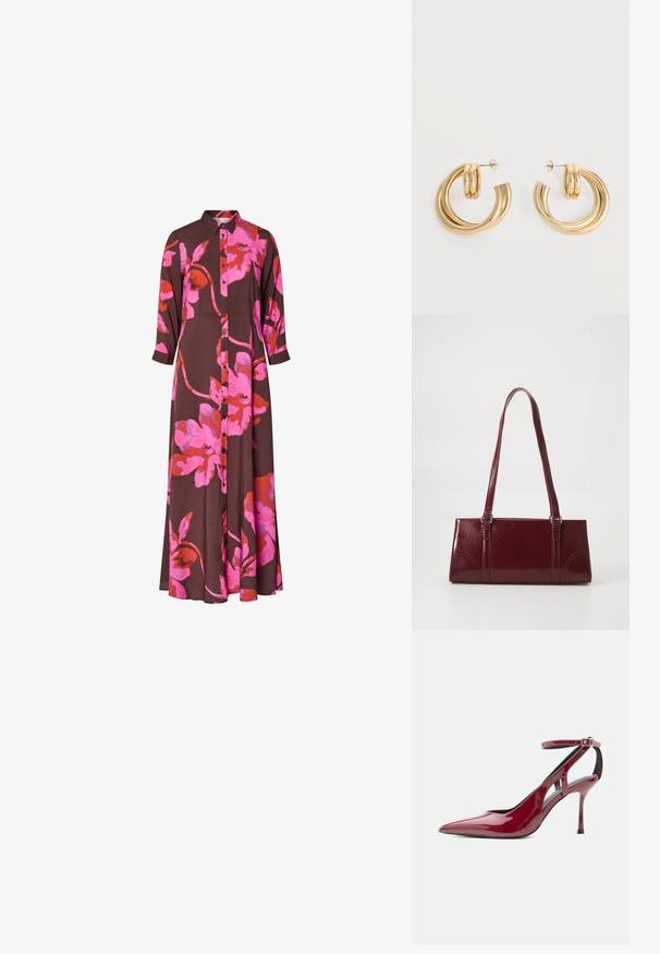 Braunes Kleid mit langen Ärmeln und großem, leuchtend pink-rotem Blumenprint, vorn mit Knopfleiste und Kragen.; Roter Pumps aus Lackleder mit spitz zulaufender Zehenpartie, Knöchelriemen und Schnalle, im Profil vor weißem Hintergrund gezeigt.; Burgunderfarbene Handtasche aus glänzendem Material, rechteckige Form, mit zwei Schulterriemen und subtilen, geschwungenen Akzenten an der Vorderseite.; Paar glänzende goldene Doppel-Loop-Creolen mit Steckverschlüssen vor weißem Hintergrund.