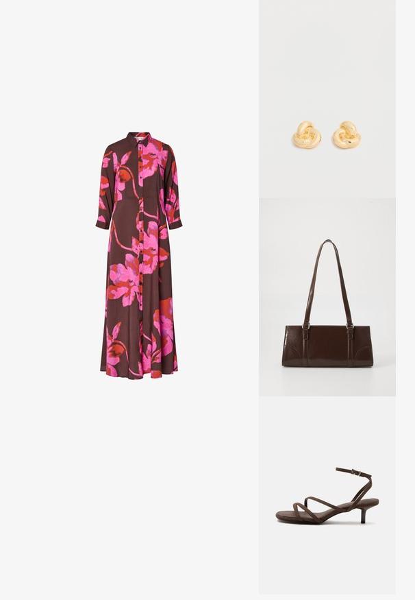 Braunes Kleid mit langen Ärmeln und großem, leuchtend pink-rotem Blumenprint, vorn mit Knopfleiste und Kragen.; Braune Sandale mit hohem Absatz, dünnen gekreuzten Riemen und einem Knöchelriemen mit silberner Schnalle vor weißem Hintergrund.; Braune Lackleder-Handtasche in rechteckiger Form, mit zwei langen Griffen und subtilen, geschwungenen Akzenten auf der Vorderseite.; Paar glänzende Ohrstecker in Form eines Knotens in Goldton vor einem einfachen weißen Hintergrund.