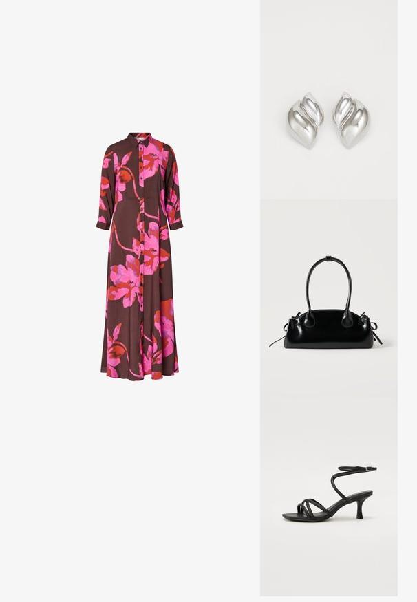 Vestido marrón de manga larga con un gran estampado floral en rosa brillante y rojo, cierre de botones en el frente y cuello.; Even&Odd Wide Fit by Zalando Sandalias - black; Pequeño bolso negro brillante con dos asas largas y detalles de cordón lateral sobre un fondo claro liso.; Pendientes de plata con una forma orgánica y abstracta. Superficie lisa y brillante con un diseño cónico. Presentan suaves curvas y un detalle de línea central.