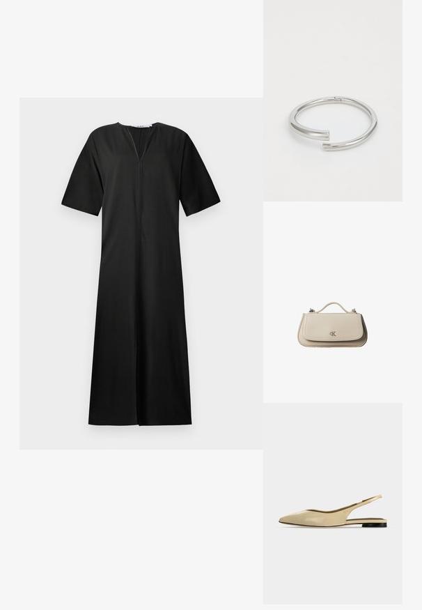 Vestido negro de corte holgado, mangas cortas, escote en V y cierre frontal. Hecho de tela suave con un diseño hasta la rodilla.; Zapato plano beige con puntera puntiaguda, diseño slingback, tacón bajo negro y acabado en cuero liso, mostrado de perfil sobre un fondo liso.; Pequeño bolso de mano de cuero beige con asa superior y logo plateado de CK en la solapa frontal, mostrado sobre un fondo blanco.; Calvin Klein SPIRAL - Pulsera - silver-coloured