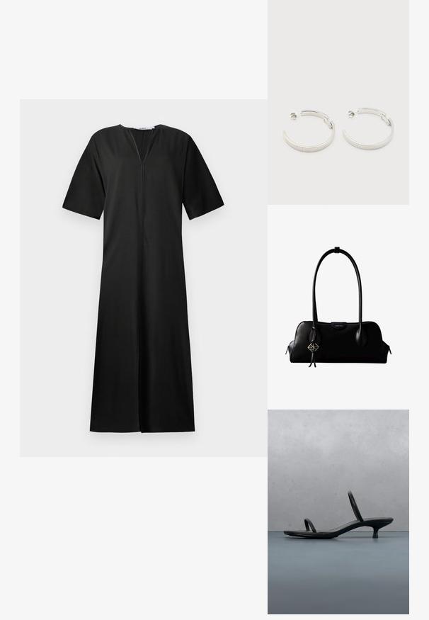 Vestido negro de corte holgado, mangas cortas, escote en V y cierre frontal. Hecho de tela suave con un diseño hasta la rodilla.; Sandalia de tacón negra Calvin Klein con tiras finas, equilibrada sobre baldosas de madera al aire libre cerca de una pared y vegetación.; Bolso de mano negro de cuero Calvin Klein con asas largas, una etiqueta con el logo frontal y un colgante geométrico plateado que cuelga de una de las asas.; Pendientes de aro semicírculo en tono plateado con textura acanalada y cierre de presión sobre fondo blanco.