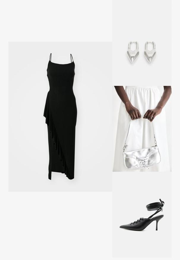 Sort, ærmeløs kjole med tætsiddende bodice, asymmetrisk flæsedetail på den ene side og en lang, glat silhuet. Fremstillet af et strækbart materiale.; Sort spids sko med høje hæle, snørelukning foran og omlægning omkring anklerne bundet med sløjfe, vist fra siden på hvid baggrund.; Sølvmetallic håndtaske med snøredetaljer, der har et slankt design og en kort strop. Tasken holdes i hænderne for at fremvise dens tekstur.; Sølv hjerteformede hængelåse med indgraveret "JA" og "NEJ" tekst, poleret finish, symmetrisk design og en robust metalklap.
