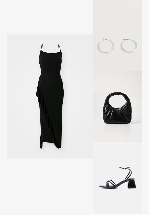 Robe noire sans manches avec un corsage ajusté, détail de volants asymétriques sur un côté et une silhouette longue et lisse. Fabriquée dans un matériau extensible.; Sandale noire à brides ouvertes avec boucle à la cheville et talon bloc, vue de côté sur un fond clair uni.; Sac à main noir rembourré avec une poignée arrondie, présentant une surface lisse et brillante ainsi qu'une texture douce et matelassée. Pas de quincaillerie ou d'accents visibles.; Boucles d’oreilles créoles en métal argenté avec une surface lisse légèrement incurvée et des fermoirs à clapet sur un fond blanc uni.