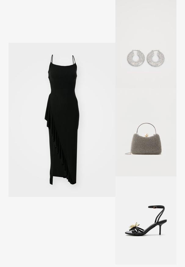 Zwarte mouwloze jurk met een getailleerde bovenkant, asymmetrische ruffle-detail aan één zijde en een lange, gladde silhouet. Gemaakt van rekbaar materiaal.; Zwarte sandaal met hoge hak en bandjes, enkelgesp en gouden metalen bloemdetail op het voorste bandje tegen een witte achtergrond.; Kleine handtas met zilverkleurig rasterpatroon, gebogen handvat, grote parel sluiting en een dunne zilveren kettingriem op een effen achtergrond.; Zilveren hoepeloorbellen versierd met meerdere heldere kristalaccenten, met een gestructureerd oppervlak en een open cirkelvormig ontwerp.