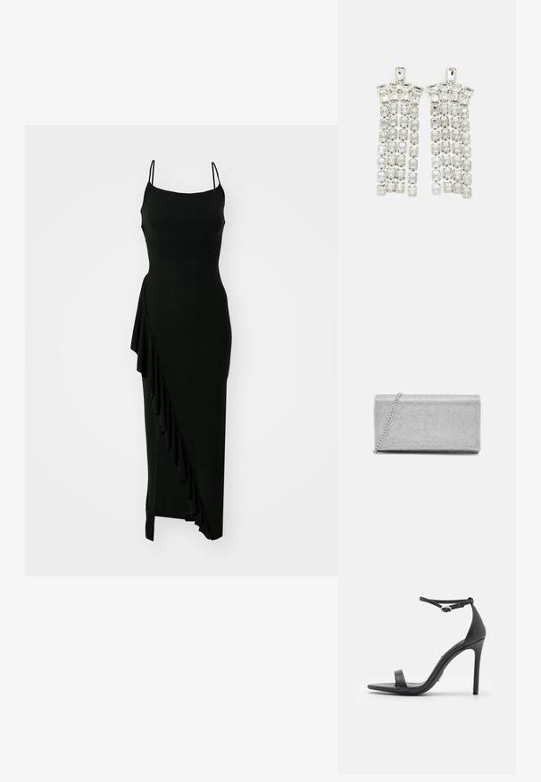 Robe noire sans manches avec un corsage ajusté, détail de volants asymétriques sur un côté et une silhouette longue et lisse. Fabriquée dans un matériau extensible.; Sandales noires à talons hauts avec un orteil ouvert, des fines lanières et une boucle à la cheville. Texture en cuir lisse avec un design de forme pointue.; Pochette en métal argenté avec un design en maillage tissé, de forme rectangulaire, et une chaîne pour le transport. Texture lisse et finition polie.; Boucles d'oreilles en cristal avec des accents en métal argenté, ornées de plusieurs pierres taillées en rectangles et carrés disposées en rangées en cascade.
