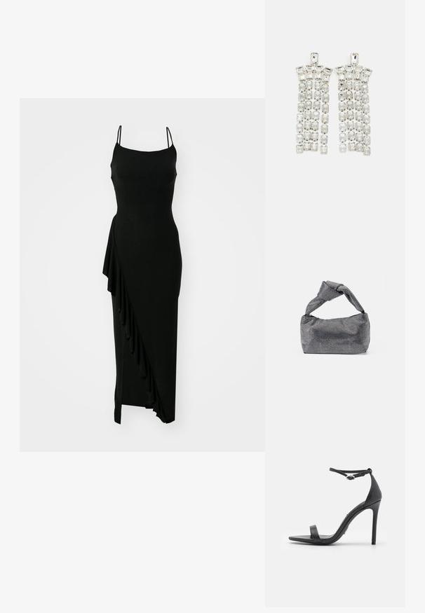 Robe noire sans manches avec un corsage ajusté, détail de volants asymétriques sur un côté et une silhouette longue et lisse. Fabriquée dans un matériau extensible.; Sandales noires à talons hauts avec un orteil ouvert, des fines lanières et une boucle à la cheville. Texture en cuir lisse avec un design de forme pointue.; Sac à main noir et argent avec une surface texturée affichant un motif en diamant, une anse nouée et une forme structurée.; Boucles d'oreilles en cristal avec des accents en métal argenté, ornées de plusieurs pierres taillées en rectangles et carrés disposées en rangées en cascade.
