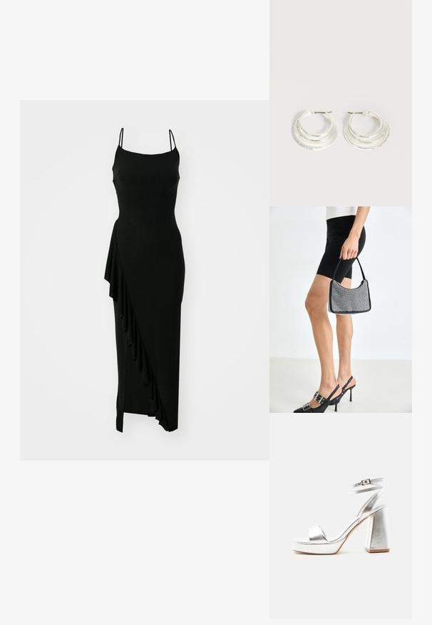 Robe noire sans manches avec un corsage ajusté, détail de volants asymétriques sur un côté et une silhouette longue et lisse. Fabriquée dans un matériau extensible.; Sandale à talon haut métallique argenté avec bride à la cheville, talon bloc et bout ouvert sur un fond clair uni.; Sac à main à perles noires avec une silhouette courbée, une poignée de transport et une texture brillante. Porté avec des chaussures à talons hauts noires et un short noir ajusté.; Boucles d'oreilles créoles en argent avec trois bandes semi-circulaires superposées, dont une ornée de petits cristaux clairs sur un fond clair.