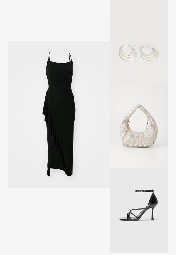 Sort, ærmeløs kjole med tætsiddende bodice, asymmetrisk flæsedetail på den ene side og en lang, glat silhuet. Fremstillet af et strækbart materiale.; Sorte laklæder højhælede sandal med ankelrem, der har krydskrydsede stropper og en slank spids tå.; Sølv mesh håndtaske med en rund form, tekstureret overflade og en buet håndtag. Har kæde detaljer og en blød, sammenfoldet krop.; Sølv hoop øreringe med tre lagdelte halvcirkelformede bånd, hvoraf det ene er udsmykket med små klare krystaller på en lys baggrund.