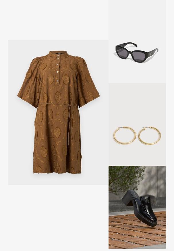 Brun knælængde kjole med broderede ovale mønstre, korte vide ærmer, knappet foran og tyndt bindebånd i taljen.; Sort læder Calvin Klein slip-on mule med blokhæl, der hviler på trætøj udendørs nær en grøn plante og en grå væg.; Sorte solbriller med et strømlinet, vinklet design, mørke linser og et kontrasterende sølvlogo på siden. Glat plastoverflade.; Par glatte, skinnende gyldne hoops-øreringe med tynde stænger og hængsel-låse på en ensfarvet lys baggrund.