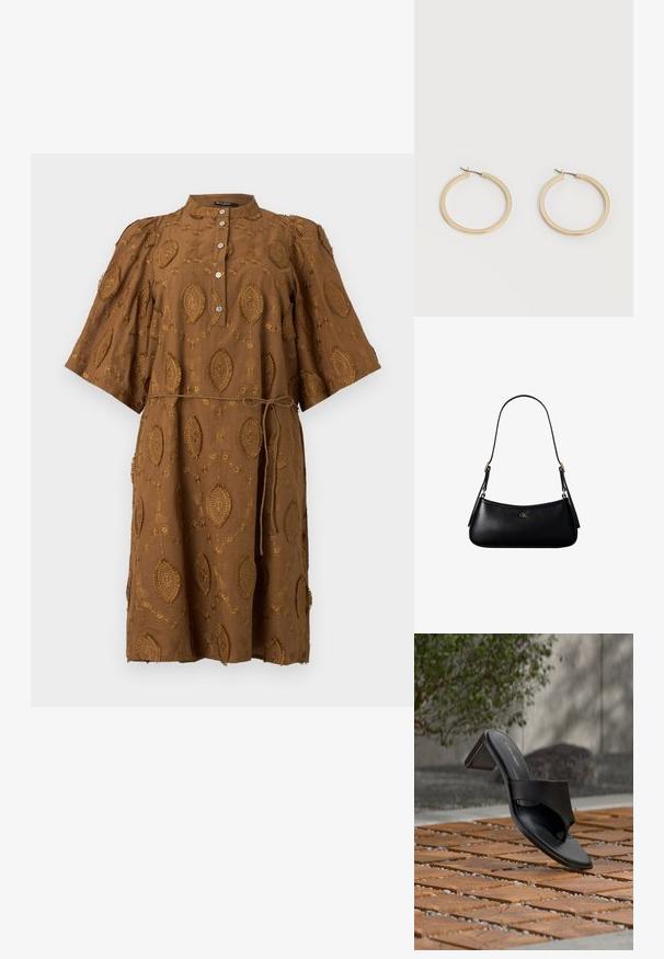 Brun knælængde kjole med broderede ovale mønstre, korte vide ærmer, knappet foran og tyndt bindebånd i taljen.; Sort Calvin Klein hælet sandal med tå-loop på trægulv udendørs nær et træ og en stenmur.; Sort læder mini skuldertaske med tynd rem og lille gyldent CK-logo på fronten i midten.; Par af glatte guldfarvede mellemstore øreringe med hængsellukning på en ensartet lys baggrund.