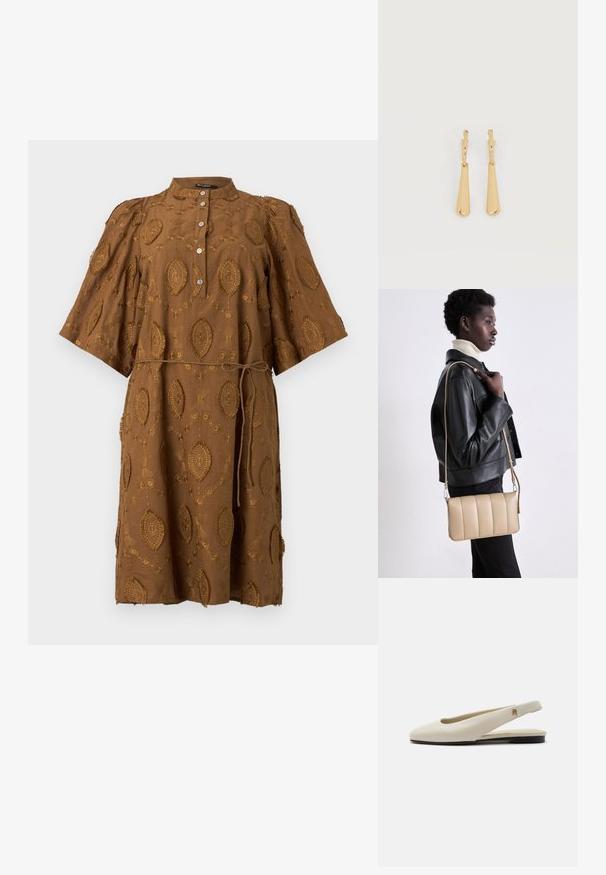 Robe marron longueur genou avec motifs ovales brodés, manches courtes larges, patte de boutonnage devant et fine ceinture à nouer à la taille.; Chaussure plate slingback en cuir couleur crème avec un bout arrondi et un petit emblème doré sur la bride.; Sac en cuir beige en bandoulière avec un design matelassé, de forme rectangulaire, avec une fine sangle et des détails en métal argenté, porté par une personne en veste noire.; Boucles d'oreilles pendantes en ton or avec des pendentifs lisses en forme de goutte allongée suspendus à de petites attaches en forme d'anneau sur un fond blanc.