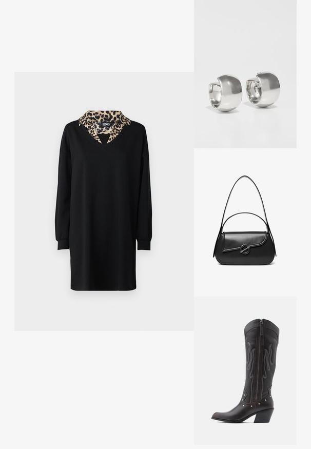 Vestido negro con escote en V y mangas largas, que presenta un cuello de leopardo. Hecho de un tejido suave, tiene una silueta holgada.; Botas de cowboy de cuero marrón con costuras en forma de llama, cremallera lateral, tachuelas plateadas, punta puntiaguda y tacón apilado.; Bolso de hombro de cuero negro con una solapa curva asegurada por un broche metálico redondo y una correa delgada y ajustable.; Uncommon Matters SCULPTURAL LARGE CREOLE - Pendientes - silver-coloured