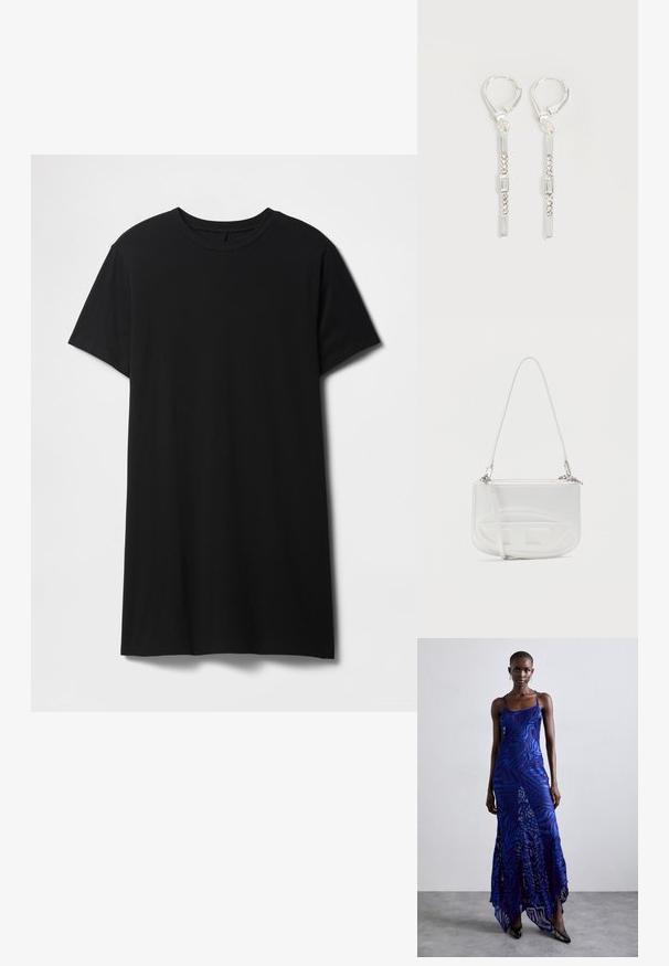 Sort kortærmet t-shirt lavet af bomuld, med klassisk rund halsudskæring og en lige kant, med en glat, mat tekstur.; Blå og lilla dyreprint maxi kjole med tynde stropper, en tætsiddende bodice, flagrende kant og gennemsigtig overlay-detaljering.; Hvid skuldertaske i læder med en buet form, lynlås, sølvhardware og præget mønster på forsiden. Justerbar rem medfølger.; Sølv hængende øreringe med rektangulære og runde klare krystaller i en lodret linje, fastgjort med låsebeslag.