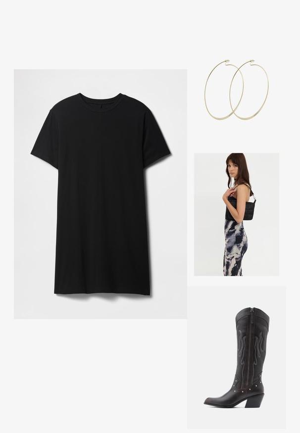 Sort kortærmet t-shirt lavet af bomuld, med klassisk rund halsudskæring og en lige kant, med en glat, mat tekstur.; Brune læder cowboystøvler med flammebroderi, sidelukning med lynlås, sølvnitter, spids snude og lagdelt hæl.; Sort quiltet skuldertaske med en enkelt rem og sølvhardware, parret med en tætsiddende kjole med tie-dye mønster i nuancer af sort og creme.; Pilgrim Øreringe - gold-coloured