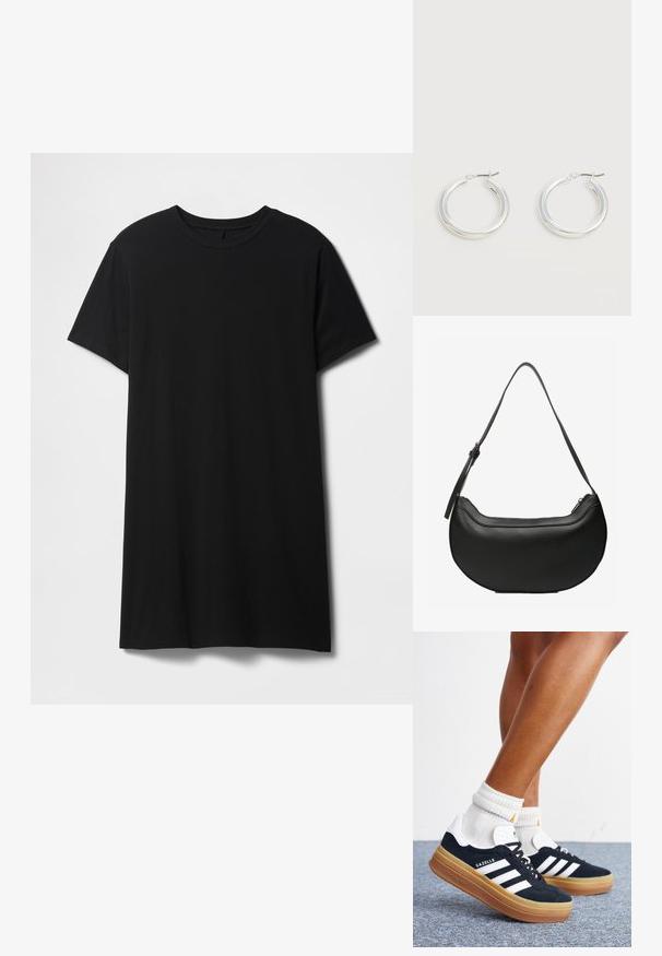 Sort kortærmet t-shirt lavet af bomuld, med klassisk rund halsudskæring og en lige kant, med en glat, mat tekstur.; Ben iført hvide sokker og sorte Adidas Gazelle sneakers med hvide striber og tykke brune såler på et gråt tæppe.; Sort læder skuldertaske i halvmåneform med en lang justerbar rem og lynlås i toppen.; Par mellemstore skinnende sølv hoops øreringe med tynde metal spænder på en lys neutral baggrund.