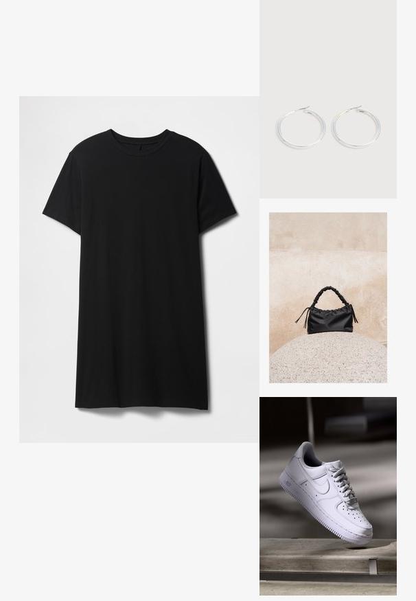 T-shirt noir à manches courtes en coton, doté d'une encolure classique ronde et d'un ourlet droit, avec une texture lisse et mate.; Baskets Nike Air Force 1 blanches lévitant au-dessus d'une surface en béton avec des ombres dans un cadre minimaliste.; Sac à main noir froncé avec une poignée froncée, posé sur une sphère en pierre texturée devant un mur en béton beige.; Paire de boucles d'oreilles créoles argentées brillantes avec fermoirs en fil fin, présentée sur un fond gris clair.