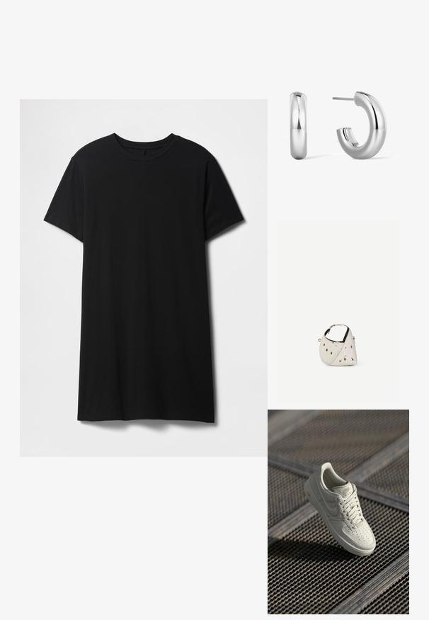 Sort kortærmet t-shirt lavet af bomuld, med klassisk rund halsudskæring og en lige kant, med en glat, mat tekstur.; Hvide Nike Air Force 1 sneakers med glat læder, perforeret tå, tonede snørebånd og logo-accenter i lys guld. Flyder over en struktureret overflade.; Lille hvid håndtaske med brune pletter, afrundet trekantet form, sort indvendig foring og kort justerbar rem med sølvspænde.; Glatte, tykke sølvcreoler med en skinnende, poleret overflade, den ene viser forsiden og den anden lukningen med stift.