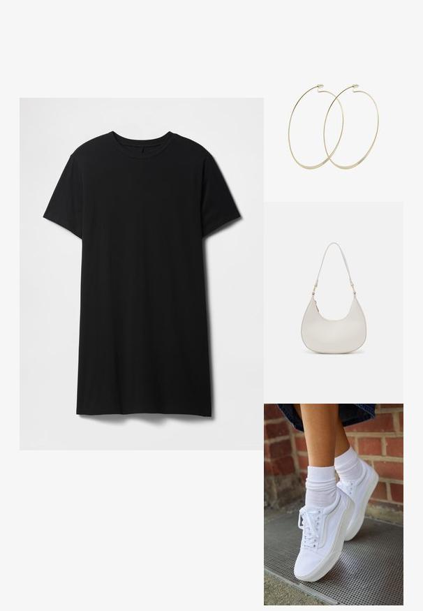 Sort kortærmet t-shirt lavet af bomuld, med klassisk rund halsudskæring og en lige kant, med en glat, mat tekstur.; Hvide lærreds sneakers med gummisåler, der har seks snørehuller, rund tå og let sømdetaljer, krydret med hvide ankelstrømper.; Cremefarvet læder skuldertaske med en halvmåneform, tynd rem og diskrete syninger. Minimalistisk design med hardware-accenter i guldton.; Pilgrim Øreringe - gold-coloured
