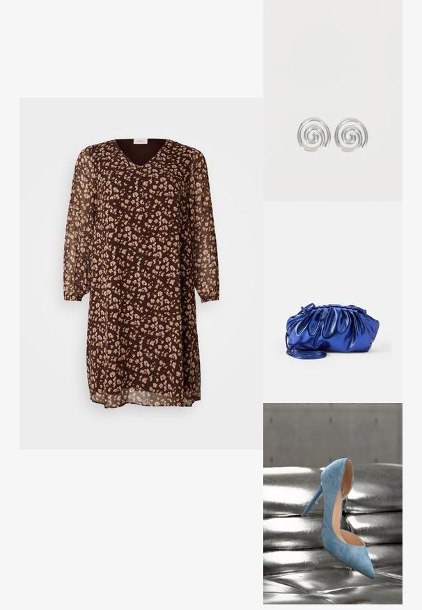 Vestido marrón, transparente, con escote en V, que presenta un patrón floral en rosa claro y crema. Mangas largas y fluidas con un corte suelto.; Zapato de tacón alto azul claro con punta puntiaguda descansando sobre una superficie acolchada de cuero plateado brillante.; Bolso de mano metálico azul con diseño plisado y correa para el hombro. La textura suave y los detalles recogidos realzan su forma única.; Par de pendientes de aro espiral plateados con diseño liso y redondeado sobre un fondo blanco liso.