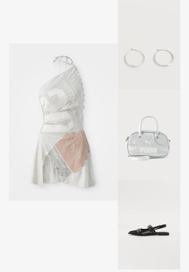 Une robe asymétrique en tissu gris avec un design en patchwork, incluant des accents en dentelle blanche et rose pâle, et un grand chiffre 26 en blanc.; Even&Odd by Zalando Ballerines à brides arrière - black; Petit sac à main Puma argent métallisé avec deux poignées supérieures, une longue bandoulière, logo sur le devant et fermeture zippée sur fond uni clair.; Boucles d’oreilles créoles en métal argenté avec une surface lisse légèrement incurvée et des fermoirs à clapet sur un fond blanc uni.