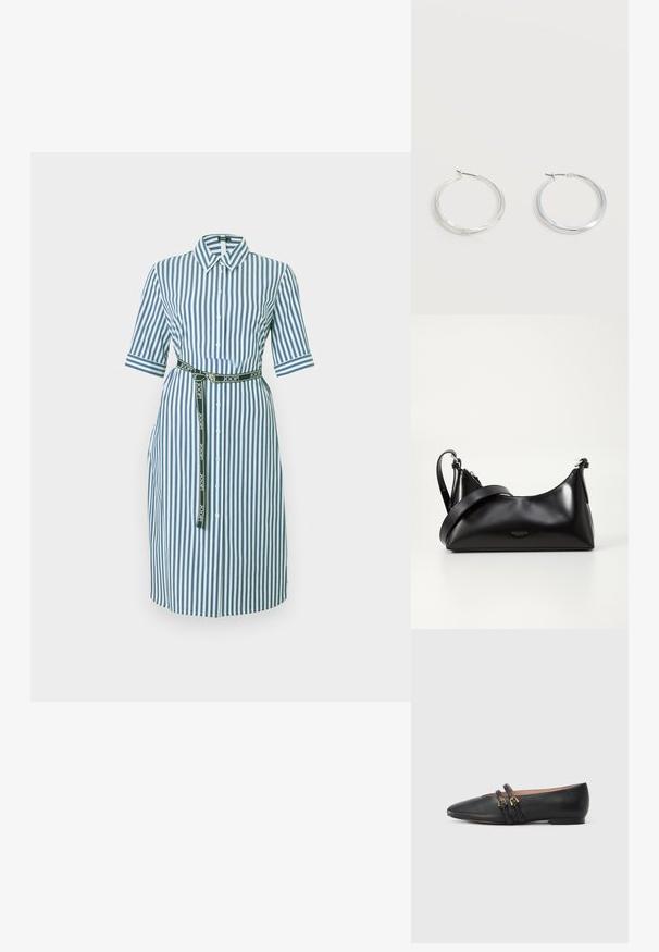 Robe chemise midi à rayures verticales bleu et blanc, manches courtes, boutonnée à l'avant, col pointu, et ceinture noire de marque à la taille.; Chaussures plates en cuir noir avec un bout pointu, dotées de deux brides noires avec des accents en métal doré. Texture lisse et talon bas.; Sac à main en cuir noir avec une texture lisse. Dispose d'une bandoulière adjustable et d'un design élégant et minimaliste avec une fermeture éclair.; Boucles d’oreilles créoles en métal argenté avec une surface lisse légèrement incurvée et des fermoirs à clapet sur un fond blanc uni.