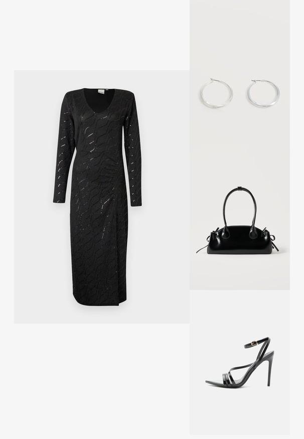 Vestido negro de manga larga con escote en V, que presenta un patrón de ondas texturizado y un ligero brillo. Largo hasta los tobillos con una abertura lateral para facilitar el movimiento.; Sandalia negra de tacón alto con finas tiras sobre los dedos y el tobillo, con una hebilla dorada en un tacón stiletto delgado.; Pequeño bolso negro brillante con dos asas largas y detalles de cordón lateral sobre un fondo claro liso.; Pendientes de aro de metal plateado con superficie lisa y ligeramente curvada y cierre de tipo mosquetón sobre un fondo blanco liso.