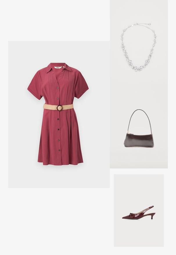 Maroon skjortekjole med korte ærmer, knapfront og plisseringer. Inkluderer et beige vævet bælte med en rund spænde. Glat, let stof.; Burgunderrød laklæder slingback kitten heel sko med spids tå og dekorativ sløjfe foran.; Lille rektangulær mørkebrun lædertaske med en enkelt rem og guldlåselukning.; Sølvtonet halskæde med flere klare ædelsten i forskellige størrelser, arrangeret i et delikat mønster, med en lille klipslås.