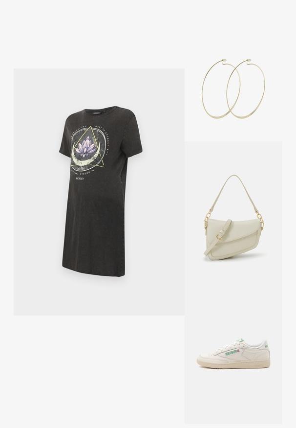 Vestido camiseta negro con un gráfico de flor de loto en púrpura y blanco, con diseños geométricos y texto en la parte frontal. Mangas cortas, cuello redondo.; Zapatilla blanca de corte bajo de Reebok con logo verde, cordones y suela beige, mostrada desde el lado interior sobre un fondo liso.; Pequeño bolso de mano crema con un acabado texturizado, una correa larga y ajustable, un acento de cadena y cierre de solapa. Detalles en hardware dorado.; Pilgrim Pendientes - gold-coloured