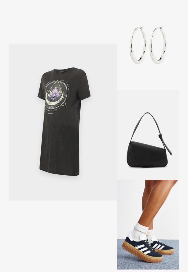 Schwarzes T-Shirt-Kleid mit einem grafik von einer Lotusblume in Lila und Weiß, mit geometrischen Designs und Text auf der Vorderseite. Kurze Ärmel, runder Halsausschnitt.; Beine mit weißen Socken und schwarzen Adidas Gazelle Sneakers mit weißen Streifen und dicken braunen Sohlen auf einem grauen Teppichboden.; Schwarze Lederhandtasche mit dreieckiger Form, schrägem Klappdeckel und rundem Oberhandgriff. Verfügt über eine glatte Textur und minimalistische Designdetails.; Silberne Creolen mit einer glatten, glänzenden Oberfläche. Kreisform, ausgestattet mit einem sicheren Verschluss. Einfaches und elegantes Design.