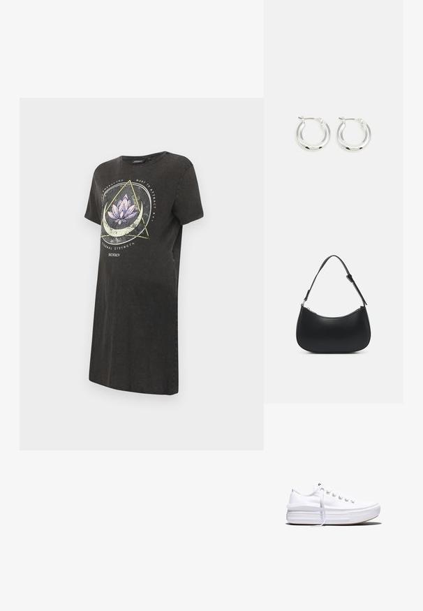 Schwarzes T-Shirt-Kleid mit einem grafik von einer Lotusblume in Lila und Weiß, mit geometrischen Designs und Text auf der Vorderseite. Kurze Ärmel, runder Halsausschnitt.; Weißer Canvas-Sneaker mit niedrigem Schnitt, dicker Plateau-Sohle, vorderer Schnürung und rauer Gummikappe an der Spitze, aus seitlicher Ansicht gezeigt.; Pieces PCALUANA SHOULDER BAG - Handtasche - black; Silberne Creolen mit glänzender Oberfläche, die eine kreisrunde Form haben und mit einem schwenkbaren Verschluss ausgestattet sind. Glatte Textur mit minimalen Details.