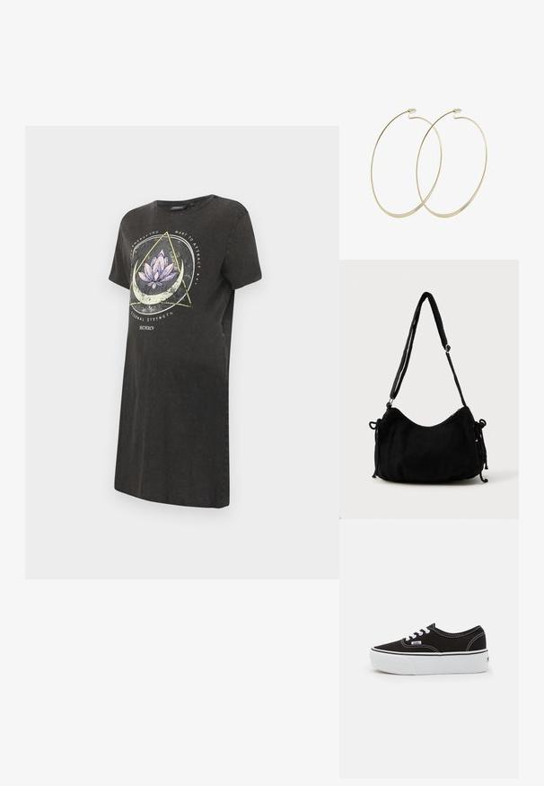 Schwarzes T-Shirt-Kleid mit einem grafik von einer Lotusblume in Lila und Weiß, mit geometrischen Designs und Text auf der Vorderseite. Kurze Ärmel, runder Halsausschnitt.; Schwarze Leinensneaker mit einer weißen Gummiplattformsohle, weißen Schnürsenkeln und Nähten, ikonischer Markenaufdruck an der Seite, im Low-Top-Design.; Schwarze Cordtasche mit geschwungener Form, verstellbarem Schultergurt und Kordelzugverschlüssen an beiden Seiten zur Größenanpassung.; Pilgrim Ohrringe - gold-coloured