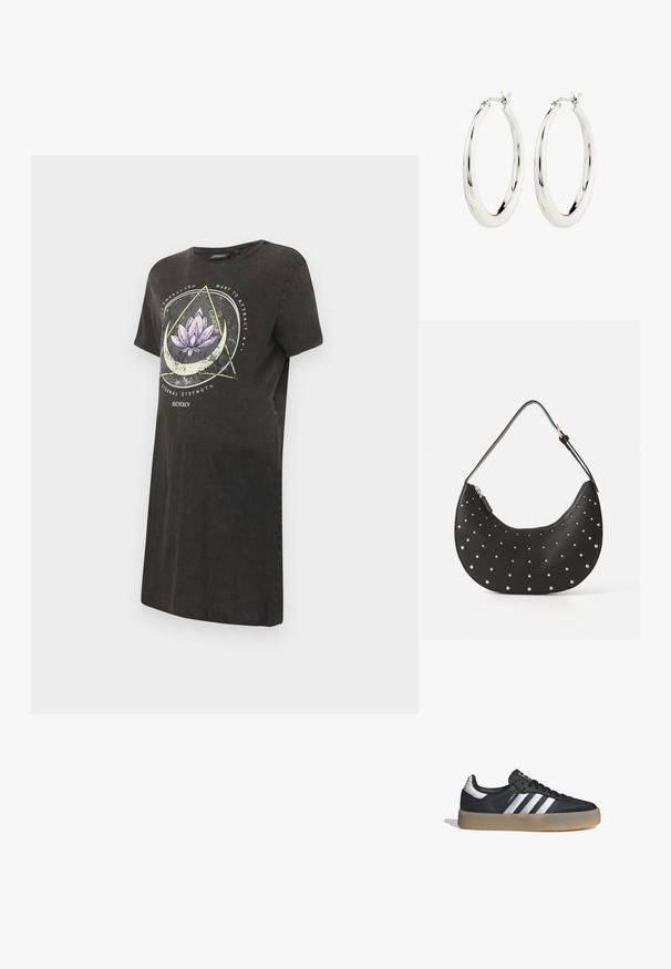 Vestido camiseta negro con un gráfico de flor de loto en púrpura y blanco, con diseños geométricos y texto en la parte frontal. Mangas cortas, cuello redondo.; Zapatilla deportiva de cuero negro con tres rayas plateadas, punta texturizada y suela de goma. Cuenta con un collar acolchado y un diseño con cordones.; Bolso de mano de cuero negro con forma curva, adornado con tachuelas plateadas, cuenta con cierre de cremallera y una sola correa ajustable.; Pendientes de aro de plata con un acabado suave y brillante. Forma circular, con un cierre seguro. Diseño sencillo y elegante.