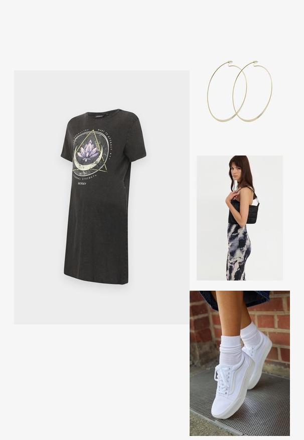 Sort t-shirt kjole med et lotusskema i lilla og hvid, med geometriske designs og tekst på fronten. Korte ærmer, rund halsudskæring.; Hvide lærreds sneakers med gummisåler, der har seks snørehuller, rund tå og let sømdetaljer, krydret med hvide ankelstrømper.; Sort quiltet skuldertaske med en enkelt rem og sølvhardware, parret med en tætsiddende kjole med tie-dye mønster i nuancer af sort og creme.; Pilgrim Øreringe - gold-coloured