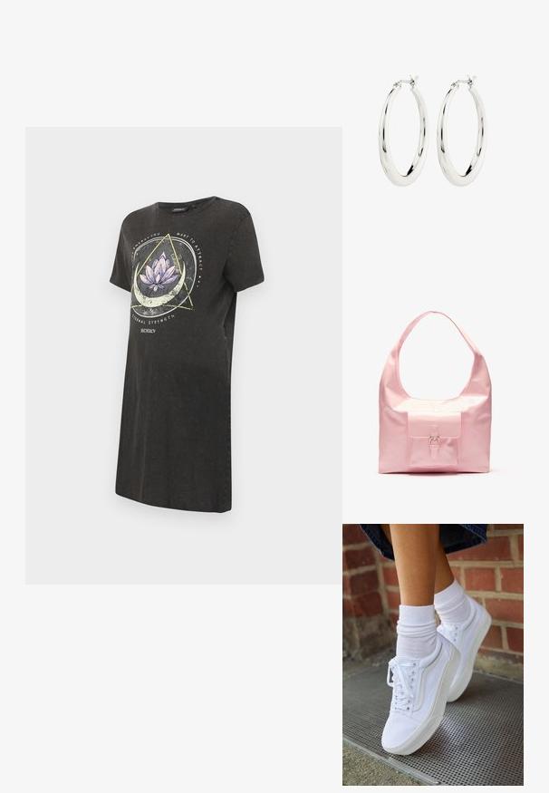 Schwarzes T-Shirt-Kleid mit einem grafik von einer Lotusblume in Lila und Weiß, mit geometrischen Designs und Text auf der Vorderseite. Kurze Ärmel, runder Halsausschnitt.; Weiße Leinensneaker mit Gummisohlen, ausgestattet mit sechs Ösen, runder Zehenpartie und dezenten Nähten, kombiniert mit weißen Knöchelsocken.; Rosa Handtasche mit glänzendem Finish, großer Schulterriemen, Fronttasche mit dekorativem Schnallendetail. Glatte Oberfläche, minimalistisches Design.; Silberne Creolen mit einer glatten, glänzenden Oberfläche. Kreisform, ausgestattet mit einem sicheren Verschluss. Einfaches und elegantes Design.