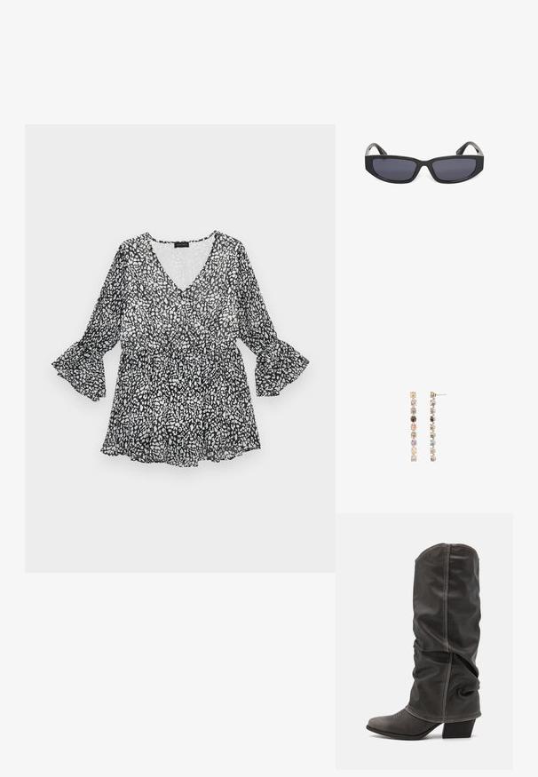 Blouse à motifs noir et blanc avec un décolleté en V, des manches longues évasées et une taille cintrée. Matière légère et transparente avec une silhouette fluide.; Bottines en cuir gris hauteur mollet avec un design décontracté, bout pointu et talon empilé. Détails de couture remarquables sur la zone des orteils.; Lunettes de soleil rectangulaires noires avec des verres teintés foncés et des montures épaisses sur fond blanc.; Boucles d'oreilles longues en métal argenté ornées d'une rangée de pierres facettées multicolores aux nuances de rose, marron et transparent.