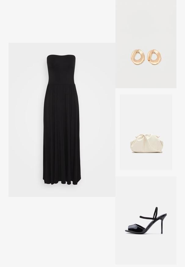 Schwarzes trägerloses Maxikleid aus dehnbarem Material, mit einem taillierten Oberteil und einem fließenden Rock mit plissierten Details für zusätzlichen Volumen.; Schwarze, offene High-Heel-Sandale aus Lackleder mit dünnen Riemen am Knöchel und am Vorderfuß auf hellem, schlichtem Hintergrund.; Weiche, cremefarbene Leder-Clutch mit gerafftem Design und einem dünnen Schulterriemen, der vorne auf einem schlichten Hintergrund liegt.; Paar unregelmäßig geformter, polierter Creolen aus goldfarbenem Metall mit offenem Zentrum auf weißem Hintergrund.