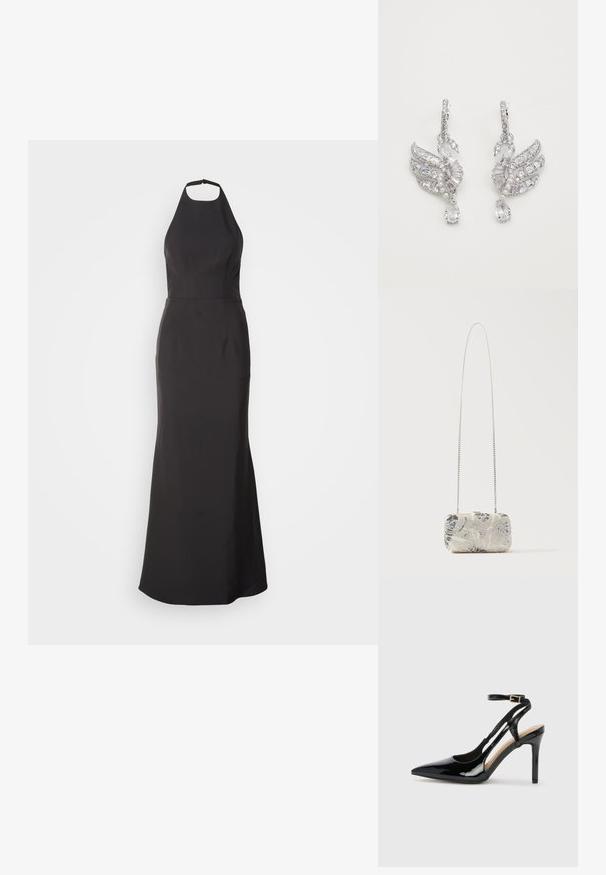 Schwarzes Abendkleid mit Halsband und figurbetontem Oberteil sowie ausgestelltem Rock. Hergestellt aus glattem Stoff, mit klaren Linien und ohne sichtbare Muster.; Schwarze Patentleder-High-Heel-Slingback-Pumps mit spitzem Zeh, verstellbarem Knöchelriemen und offenen Seiten. Glatte Textur.; Rechteckige silberne Clutch mit Perlen und Blumenmustern sowie einem langen dünnen silbernen Kettenriemen, präsentiert vor einem schlichten Hintergrund.; Silberne Ohrringe in Form von Schwänen, mit klaren Kristallen, Perlenakzenten und einem Tropfendesign mit einem tränenförmigen Edelstein.