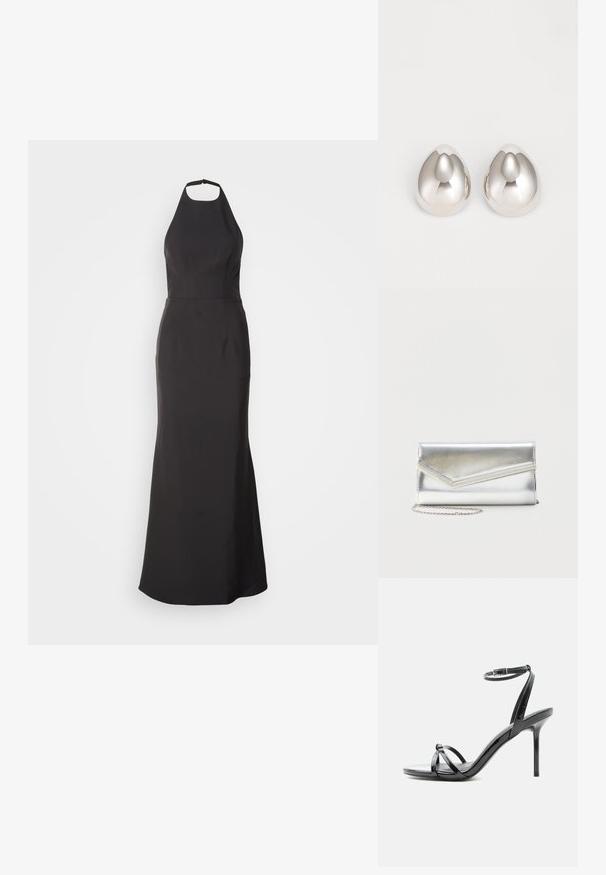Schwarzes Abendkleid mit Halsband und figurbetontem Oberteil sowie ausgestelltem Rock. Hergestellt aus glattem Stoff, mit klaren Linien und ohne sichtbare Muster.; Schwarze Sandale aus Lackleder mit hohen Absätzen, dünnen Riemen über den Zehen und einem Knöchelriemen mit Schnalle auf weißem Hintergrund.; Glänzende silberne Clutch mit Umschlagklappe und dekorativem Besatz, kleiner silberner Kettenriemen, auf einfachem hellem Hintergrund.; Silberne metalliche Ohrcuffs mit einem glatten, abgerundeten Design, das einer Träne ähnelt, mit einer reflektierenden Oberfläche und nahtlosem Finish.