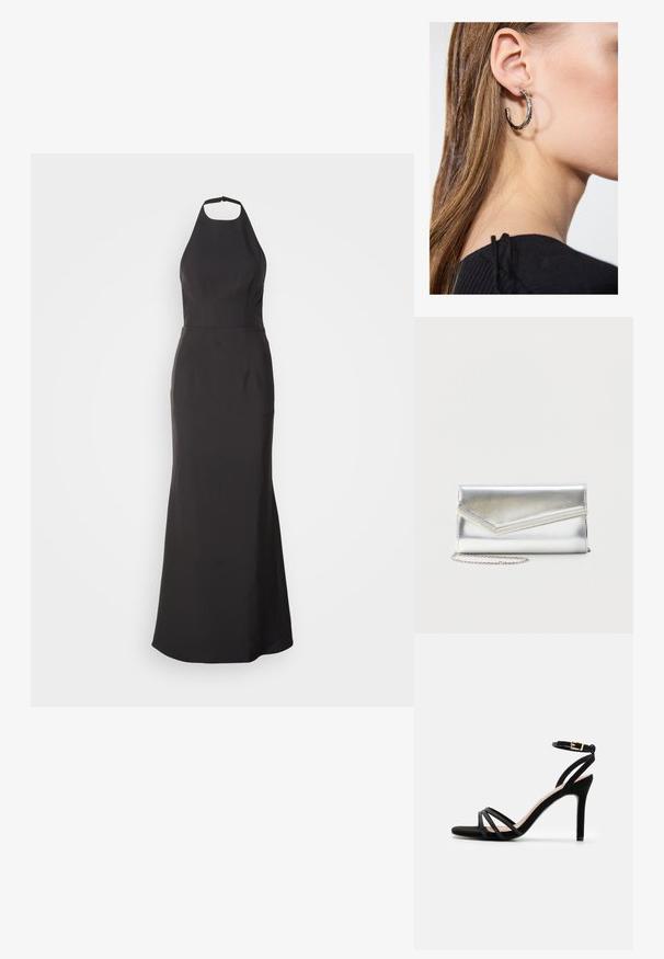 Robe de soirée noire à col halter avec un corsage ajusté et une jupe évasée. Fabriquée en tissu lisse, elle présente des lignes épurées et aucun motif visible.; Anna Field by Zalando Sandales - black; Pochette argentée brillante avec rabat style enveloppe et garniture décorative, petite bandoulière chaîne argentée, sur fond clair uni.; Boucle d'oreille en argent avec une finition polie, présentant de petits détails en or et de forme ronde, portée sur le lobe.