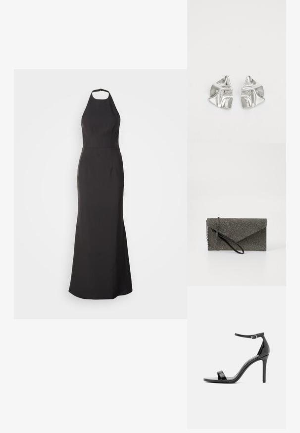 Schwarzes Abendkleid mit Halsband und figurbetontem Oberteil sowie ausgestelltem Rock. Hergestellt aus glattem Stoff, mit klaren Linien und ohne sichtbare Muster.; Schwarze Lackleder-High-Heel-Sandalen mit schmalem Knöchelriemen, offener Zehenpartie, minimalistischem Design und einer glatten, glänzenden Oberfläche.; Metallisch graue Clutch-Tasche mit strukturiertem Mesh-Muster, Kuvert-Design, Kettenriemen und einem eleganten, dünnen Handgelenkriemen.; Silberne Metallohrringe mit einem wellenförmigen, skulpturalen Design, das eine polierte Oberfläche und unregelmäßige Formen aufweist, die eine zeitgenössische Ästhetik betonen.