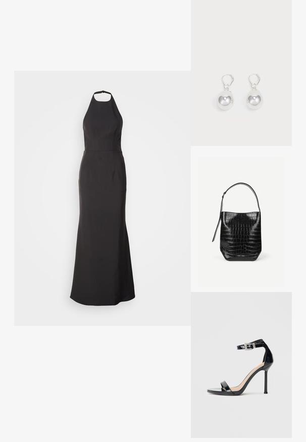 Schwarzes Abendkleid mit Halsband und figurbetontem Oberteil sowie ausgestelltem Rock. Hergestellt aus glattem Stoff, mit klaren Linien und ohne sichtbare Muster.; Schwarzer Riemchensandale aus Lackleder mit hohem Absatz und Knöchelriemen. Verfügt über ein minimalistisches Design, offene Zehenpartie und eine Schnalle mit Strassakzenten.; Schwarze Beuteltasche aus krokodilhautgeprägtem Leder mit einem einzelnen Schulterriemen und kleinem silbernen Markenlogo vorne unten in der Mitte.; Silberne Tropfenohrringe mit glatten, runden, reflektierenden Oberflächen, die an Hakenverschlüssen hängen. Der Hintergrund ist reinweiß.