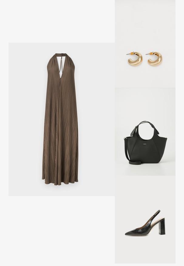 Robe maxi marron plissée sans manches avec un col halter en V profond et une fermeture par lien au niveau du cou.; Chaussure slingback en cuir noir à bout pointu avec un talon bloc haut et une doublure intérieure beige sur un fond clair uni.; Sac à main en cuir noir avec une surface texturée, un design courbé, des poignées doubles et une bandoulière amovible. Présente un logo de marque à l'avant.; Deux boucles d'oreilles en forme de cerceau en or brillant, avec un design courbé, présentant des accents orange près de la tige, sur fond blanc uni.
