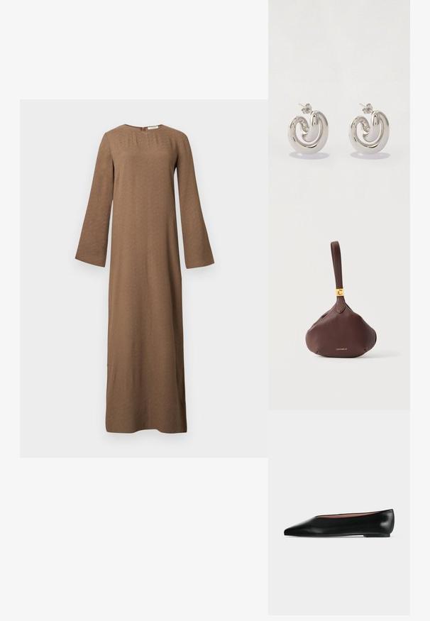 Longue robe marron avec encolure ronde, manches longues et larges, et fermeture éclair au dos, présentée sur fond blanc uni.; Chaussure plate en cuir noir pour femme, avec bout pointu et petit talon, vue de côté sur un fond gris clair uni.; Petit sac bracelet en cuir marron avec plaque logo dorée et nom de la marque "Coccinelle" embossé sur le devant, sur fond blanc.; Boucles d'oreilles en métal argenté avec un design tourbillonnant, présentant des surfaces lisses et une finition polie, maintenues par un fermoir en papillon.