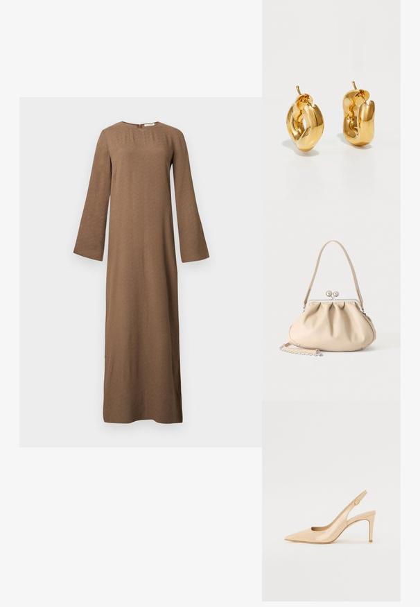 Longue robe marron avec encolure ronde, manches longues et larges, et fermeture éclair au dos, présentée sur fond blanc uni.; Escarpin slingback en cuir verni nude avec un bout pointu, un décolleté ouvert et un talon aiguille fin. Comprend un accent doré circulaire sur la sangle.; Sac à main en cuir souple beige avec un fermoir en métal argenté, une bandoulière simple et une bandoulière chaîne optionnelle sur fond blanc.; Boucles d'oreilles créoles en or massif avec un design tubulaire légèrement tordu et des fermoirs à tige sur un fond blanc.