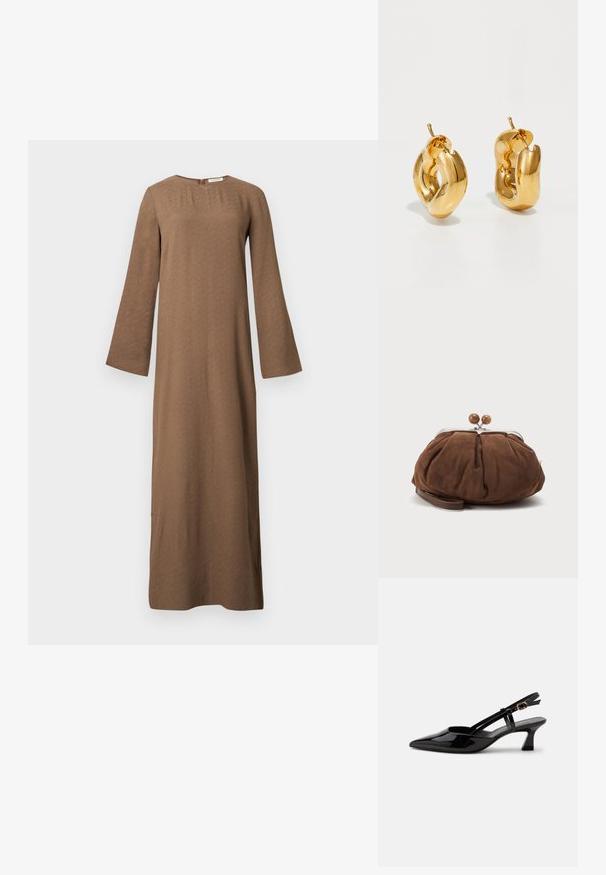 Longue robe marron avec encolure ronde, manches longues et larges, et fermeture éclair au dos, présentée sur fond blanc uni.; Chaussure slingback en cuir verni noir à petit talon, bout pointu et bride réglable avec boucle dorée sur fond blanc.; Petit sac poignet en daim marron doux avec cadre en métal argenté et boules rondes marron de fermeture sur fond clair uni.; Boucles d'oreilles créoles en or massif avec un design tubulaire légèrement tordu et des fermoirs à tige sur un fond blanc.