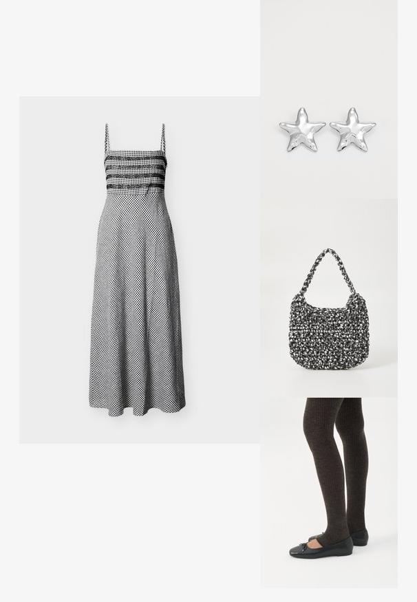 Robe midi en vichy noir et blanc à fines bretelles, détail en dentelle sur le buste, taille ajustée et jupe évasée.; Jambes portant des leggings côtelés foncés associés à des ballerines noires avec de petits détails en nœud sur fond blanc.; Sac en osier noir et blanc de forme arrondie, avec une surface texturée et une poignée tressée. Convient à un usage décontracté.; Boucles d'oreilles argentées en forme d'étoile, avec une surface lisse et brillante. Chaque boucle d'oreille possède cinq pointes et des détails subtils de texture de surface.