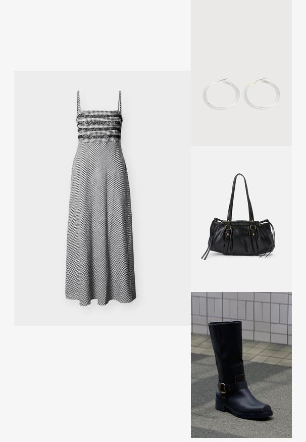 Robe midi en vichy noir et blanc à fines bretelles, détail en dentelle sur le buste, taille ajustée et jupe évasée.; Botte en cuir noire mi-mollet avec un talon bas et une bride décorative avec boucle en métal, posée sur une surface pavée grise près d'un mur carrelé.; Sac à main en cuir noir avec une forme arrondie, deux poignées, des accents en matériel décoratif et des détails de liens sur les côtés. Texture lisse et brillante.; Paire de boucles d'oreilles créoles argentées brillantes avec fermoirs en fil fin, présentée sur un fond gris clair.