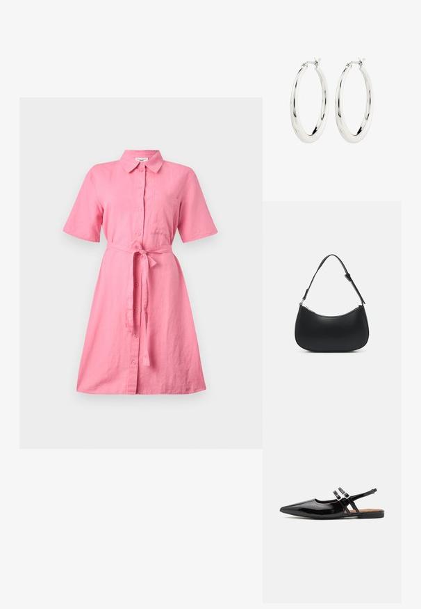 Roze linnen shirtjurk met korte mouwen, knoopsluiting aan de voorkant en een strikceintuur in de taille. Heeft een borstzak en een losse pasvorm.; Zwarte gepatineerde leren slingback schoenen hebben een spitse neus, twee banden met gespsieraden en een platte zool.; Pieces PCALUANA SHOULDER BAG - Handtas - black; Zilveren oorbellen in de vorm van een gladde, glanzende ring. Circulaire vorm, voorzien van een veilige sluiting. Eenvoudig en elegant ontwerp.