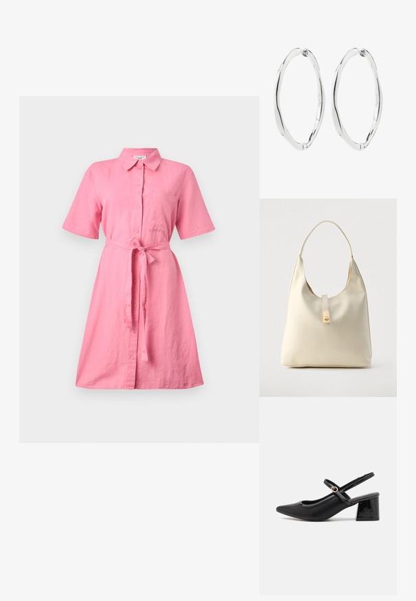 Roze linnen shirtjurk met korte mouwen, knoopsluiting aan de voorkant en een strikceintuur in de taille. Heeft een borstzak en een losse pasvorm.; Zwarte gepolijste leren slingback hakken met een spitse neus, een ronde uitsnede en een blokhak. Voorzien van een gouden gespaccent.; Crèmekleurige leren hobo-tas met een enkele schouderband, een gladde textuur en een goudkleurige sluiting aan de voorkant.; Een paar gepolijste zilveren gedraaide ovale creolen met scharnierende sluitingen, getoond tegen een witte achtergrond.